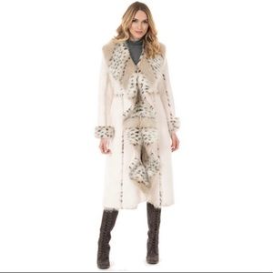 Donna Salyers Fabulous Fur - Ivory Faux Fur Trimmed Cascade Full Length Coat